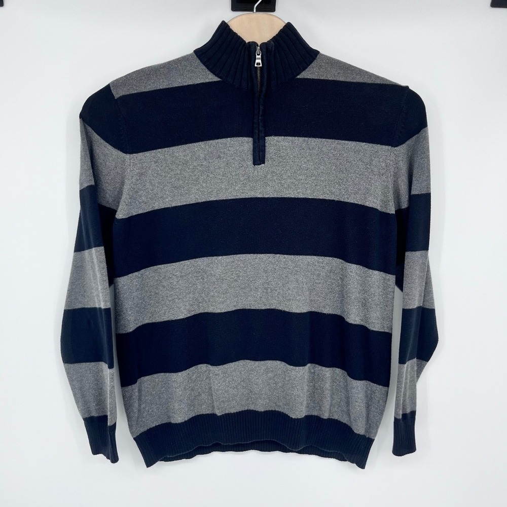 Merona Quarter Zip Sweater Mens XL Black Gray Striped Preppy Academia Classic